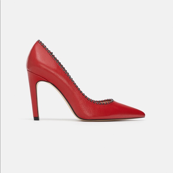 BLOGGERS FAVORITE ZARA BEADED RED LEATHER HEELS - Picture 2 of 7